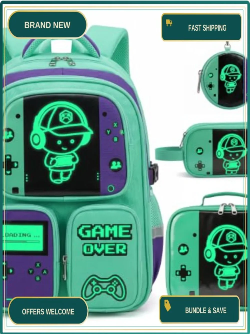 Luminous Gamer Backpack Set for Boys with Lunch Box, Pencil Case & Coin Purse,